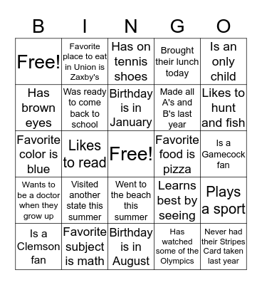 Welcome Back! Bingo Card