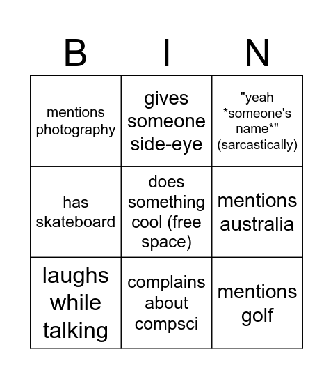 Nicole Bingo Card