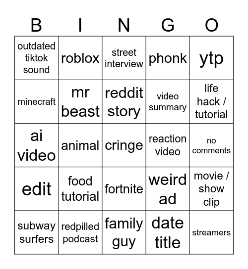 YOUTUBE SHORTS BINGO Card