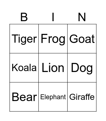 Animal Bingo Card