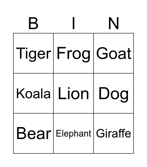 Animal Bingo Card