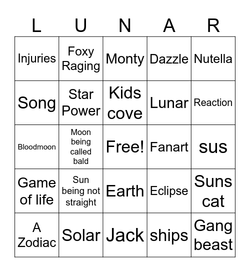 The sun and moon show bingo Card