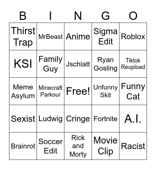 Youtube Shorts Bingo Card