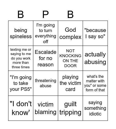 bad parenting Bingo Card