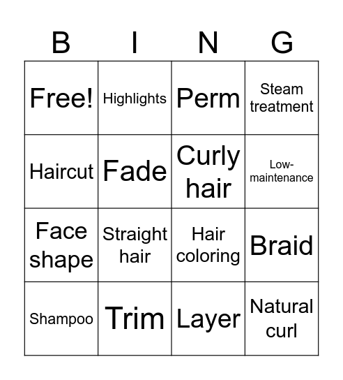 Hairstyle Bingo Card