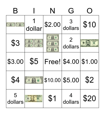 Money Bingo- Bills Only Bingo Card