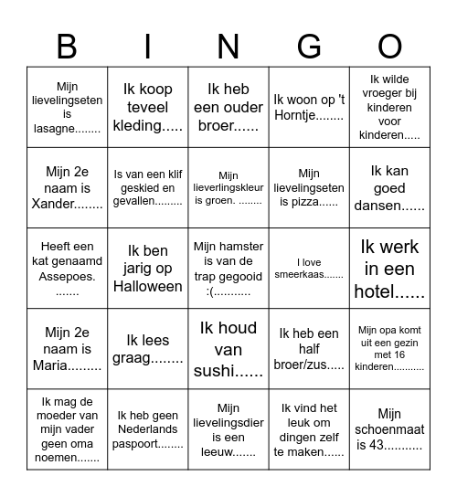 Leer elkaar kennen- bingo! Bingo Card