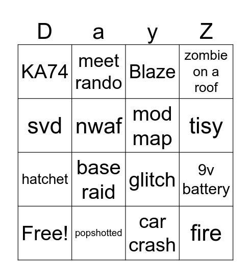 Dayz Bingo Card