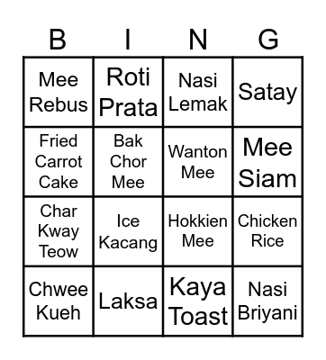 Singapore Food Bingo Card