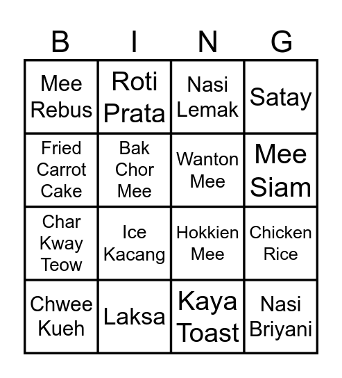 Singapore Food Bingo Card