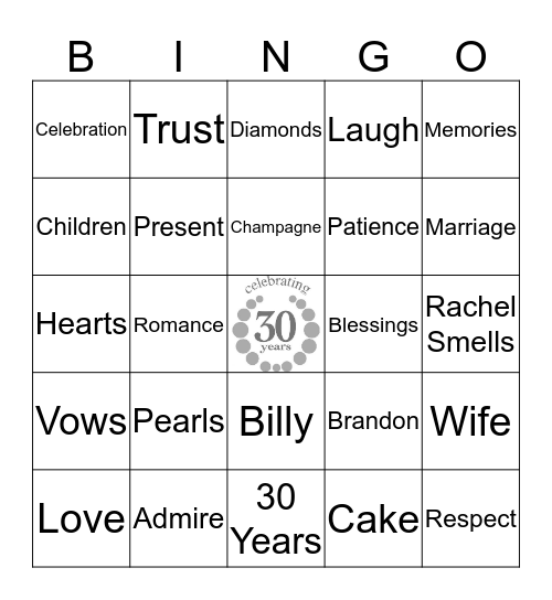 Bill & Marilyn's 30th Wedding Anniversary Bingo Card