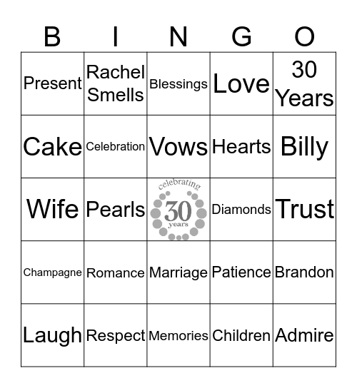 Bill & Marilyn's 30th Wedding Anniversary Bingo Card