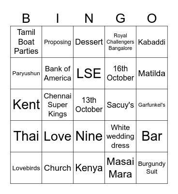 Rhea & Jeff Wedding Bingo Card