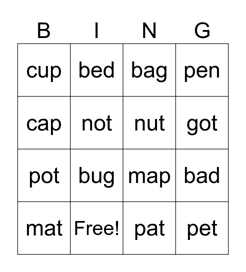 English Bingo Card