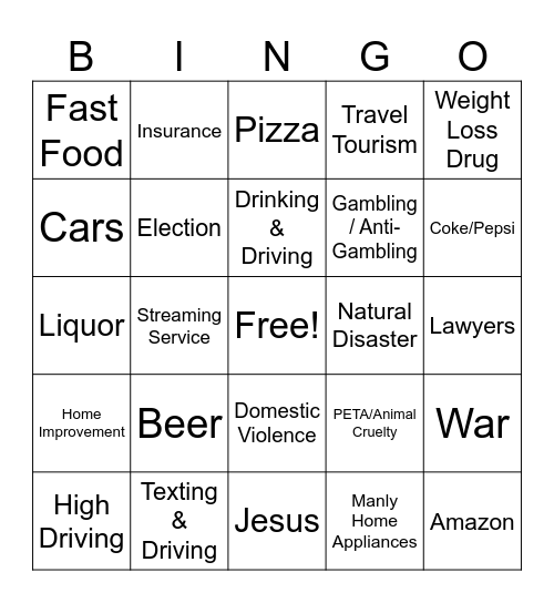 NFL COMMERCIAL BINGO Card