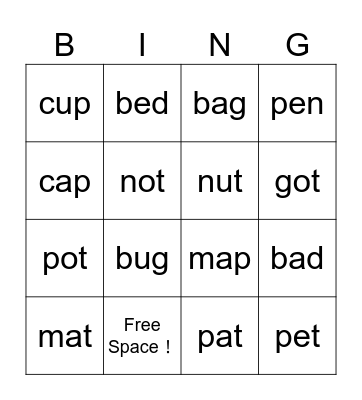 English Bingo Card