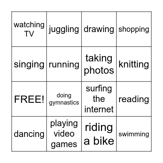 Free Time Bingo Card