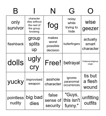Horror movie Bingo Card