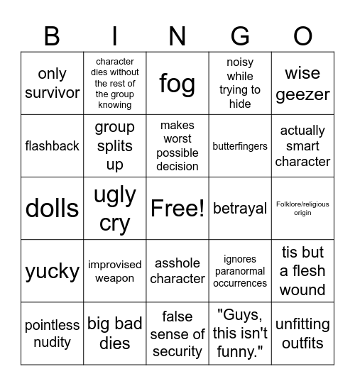 Horror movie Bingo Card