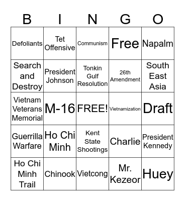 Vietnam War Bingo Card