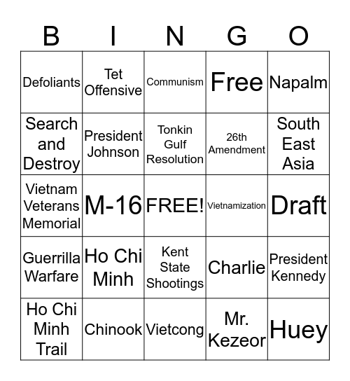 Vietnam War Bingo Card