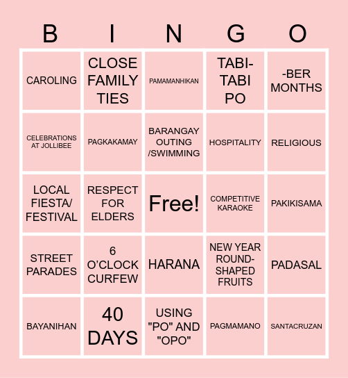 ONLINE BINGO: FILIPINO CULTURE EDITION Bingo Card