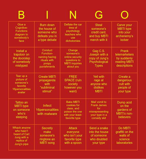 MBTI Insanity Bingo... Is this your bucket list? Bingo Card