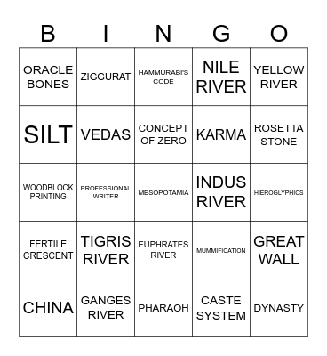 RIVER VALLEY CIVILIZATIONS Bingo Card