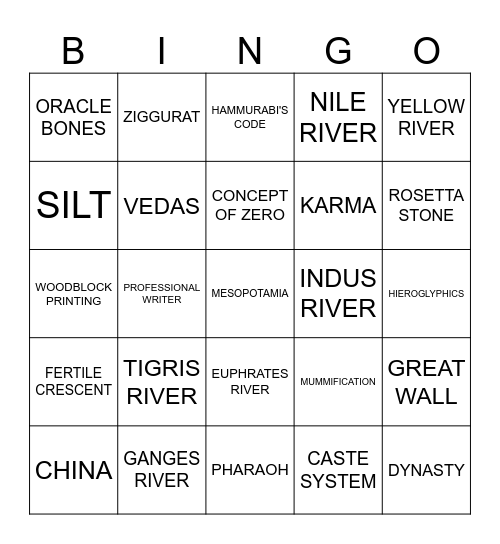 RIVER VALLEY CIVILIZATIONS Bingo Card