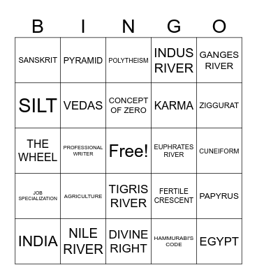 RIVER VALLEY CIVILIZATIONS Bingo Card