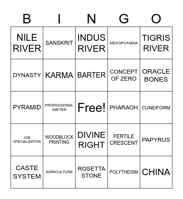 RIVER VALLEY CIVILIZATIONS Bingo Card
