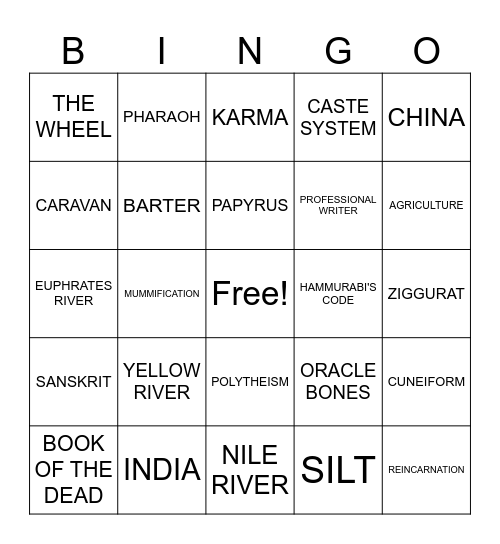 RIVER VALLEY CIVILIZATIONS Bingo Card