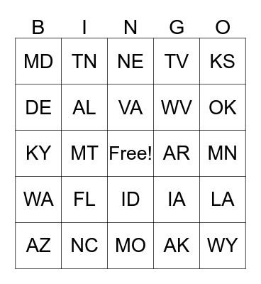STATE ABBREVIATION BINGO Card