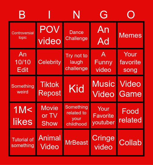 Youtube Bingo Card