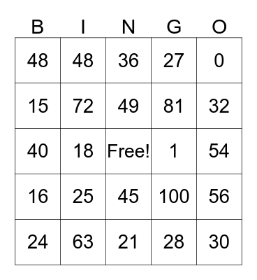 Speed Bingo-Multiplication Bingo Card