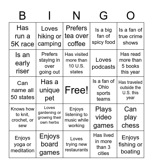 Get to Know You Bingo Card