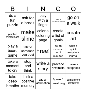 Coping Skills Bingo Card