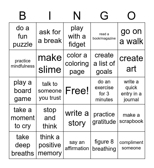 Coping Skills Bingo Card