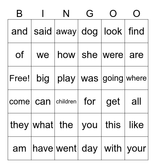 High frequency words Bingo Card