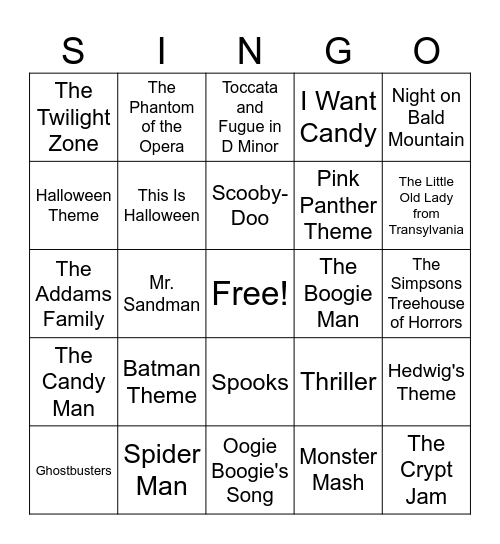 SINGO! Halloween Spooks Edition Bingo Card