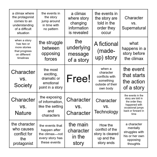 Plot Diagram Vocabulary Bingo Card