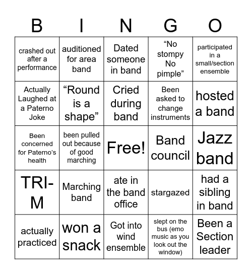 Wayne Hills Band Bingo Card