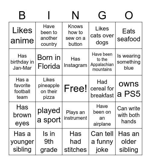 Teen Bingo Card