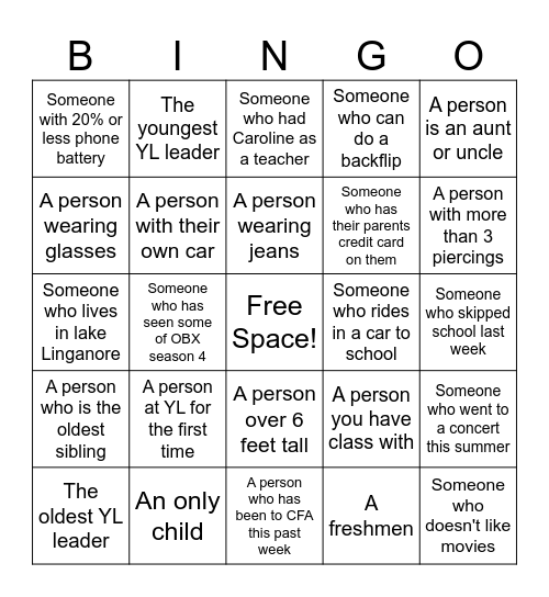 YOUNG LIFE BINGO Card