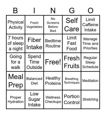 Healthy Lifestyle Bingo Card