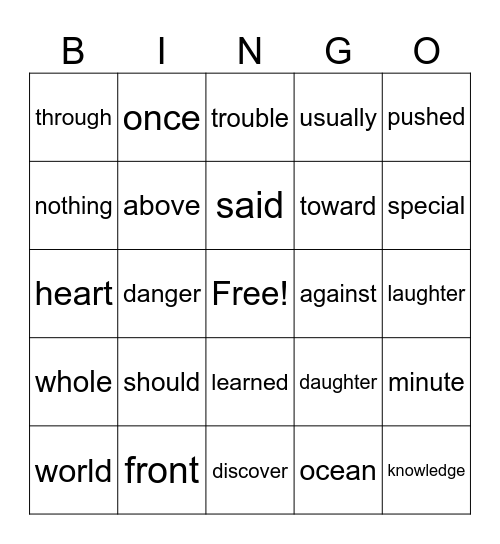 Sight Words Bingo Card
