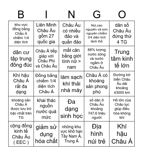 ĐỊA LÝ Bingo Card