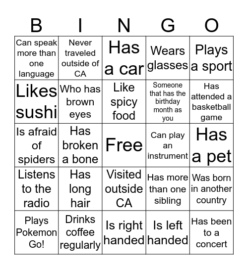 Life Experience  Bingo Card