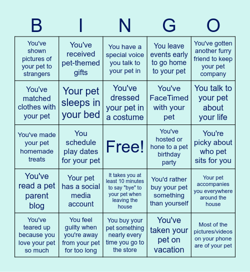 Pet Parent Bingo Card