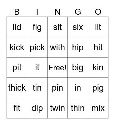 i word families Bingo Card